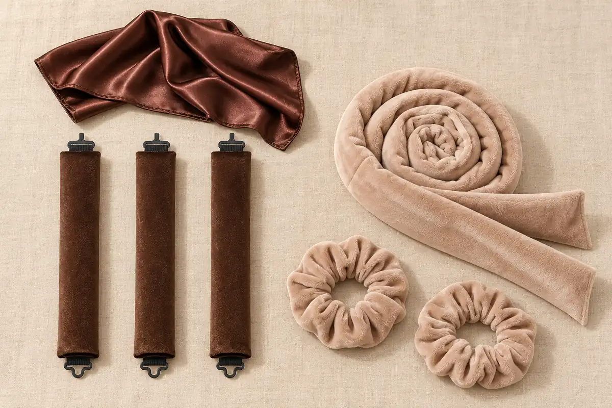 Top-down view of three coffee rods with black end tabs and a coffee satin scarf on the left, a coiled tan long rod and two tan scrunchies on the right