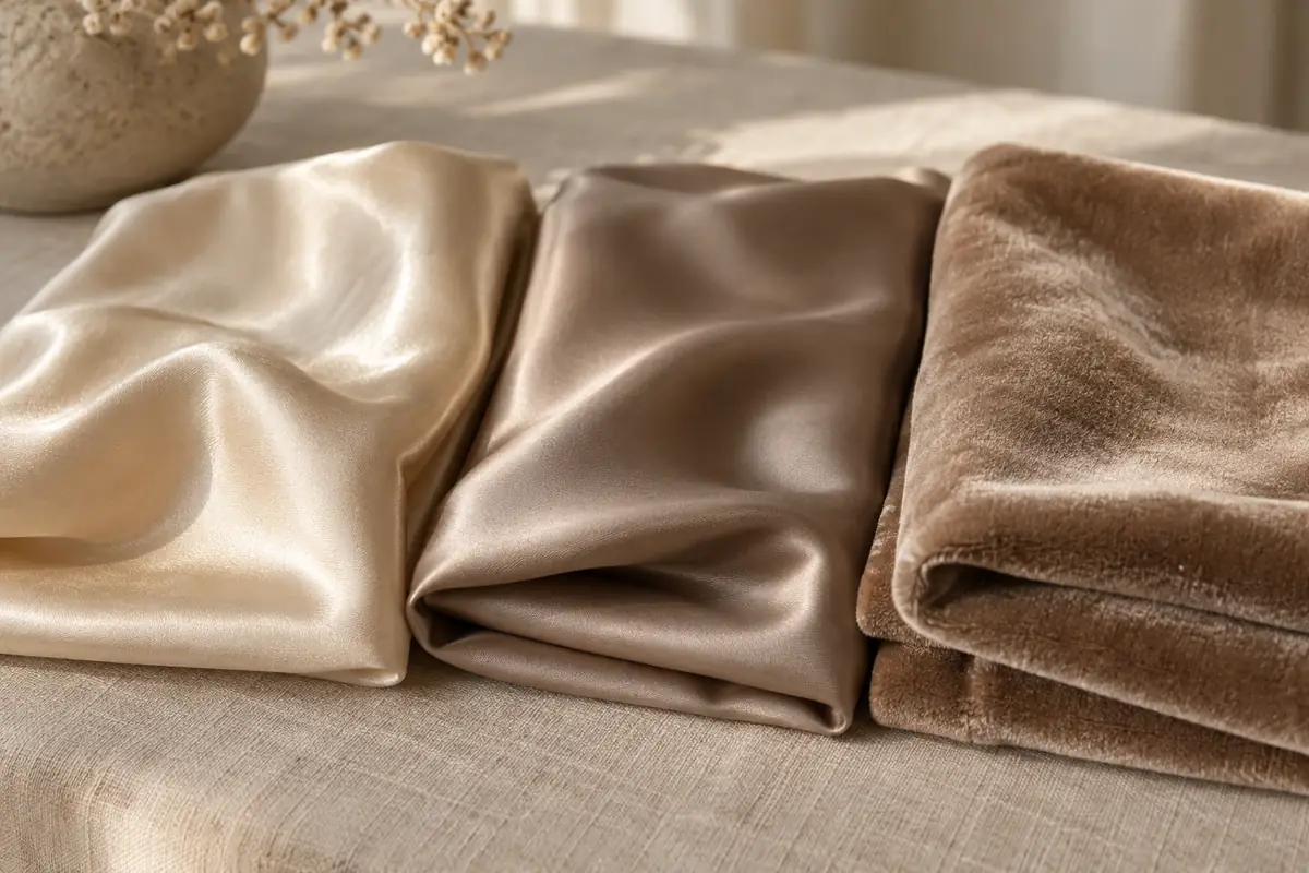 Three folded fabric swatches side by side on a linen tablecloth: a lustrous champagne silk, a glossy taupe satin and a plush light-brown velvet with a visible pile, in soft daylight
