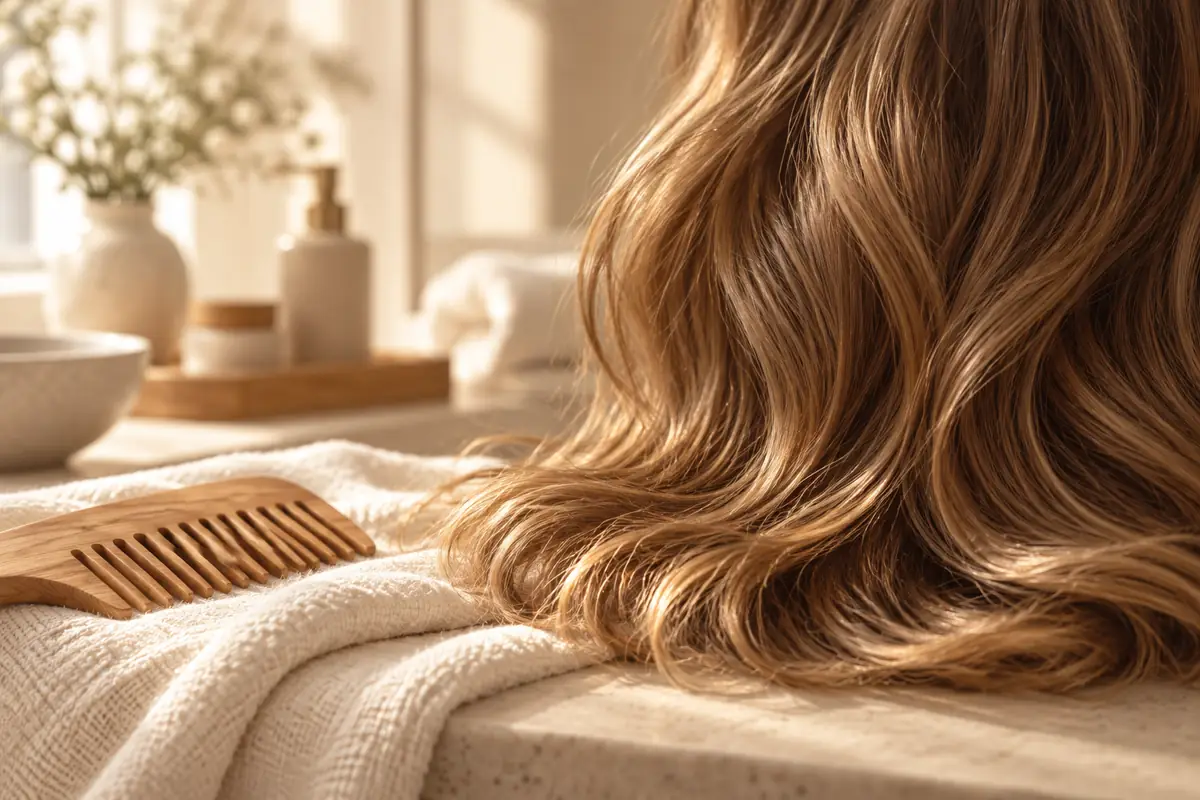 Close-up of glossy, wavy light-brown hair in warm natural light beside a wide-tooth wooden comb resting on a cream towel, a blurred bathroom counter behind