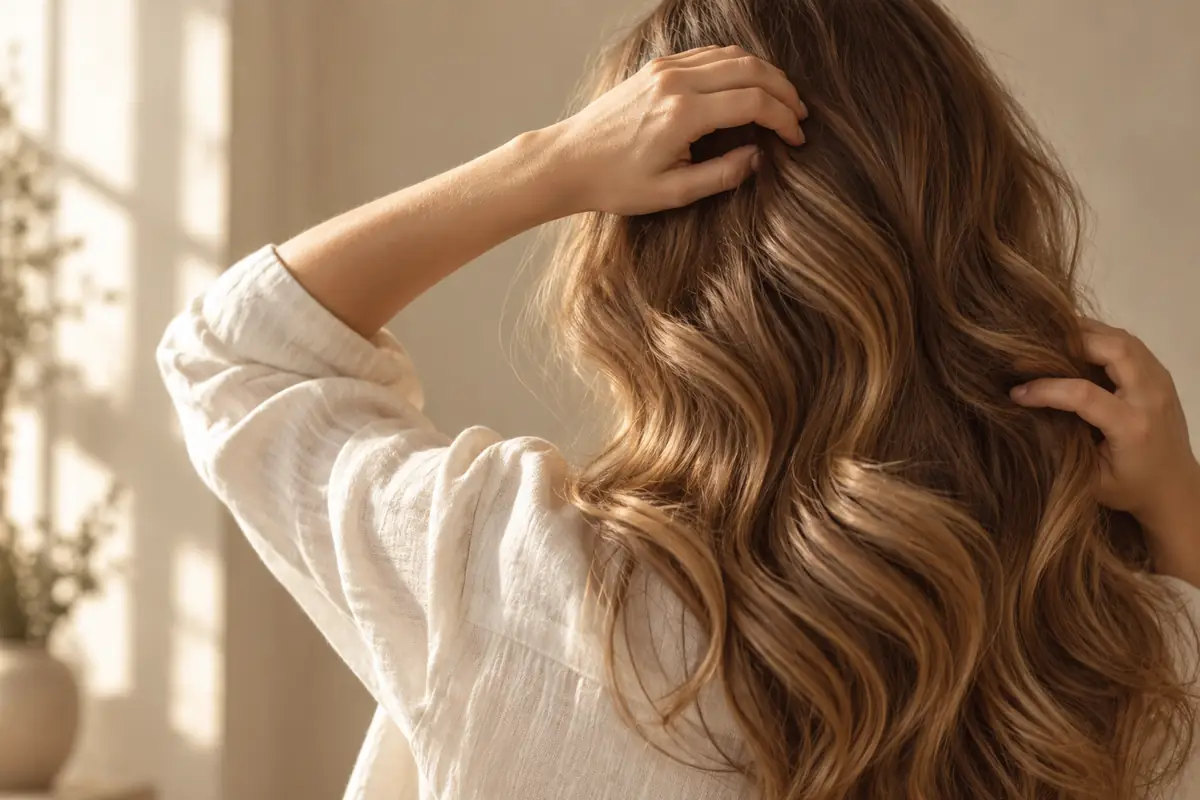 A woman seen from behind in a cream linen shirt, finger-combing long light-brown hair styled in big, soft, glossy waves in warm daylight