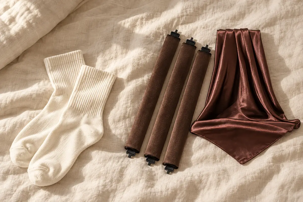 Top-down view of a pair of cream ribbed cotton crew socks beside three coffee-brown velvet-soft rods with black end caps and a loosely folded coffee-brown satin scarf, on a beige linen bedspread in soft morning light