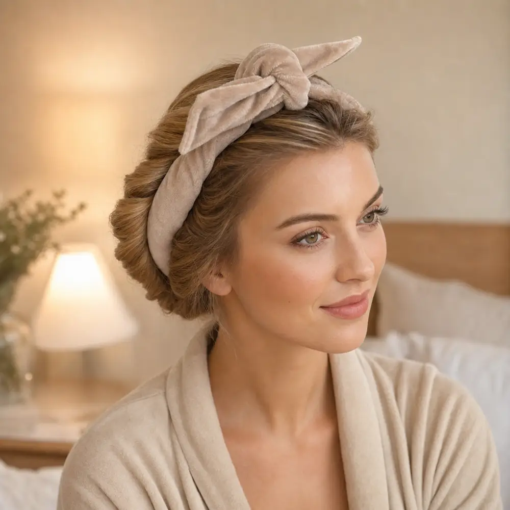 Woman in a bathrobe with her hair twisted around a tan velvet rod worn like a headband, its ribbon ends knotted in a bow on top of her head