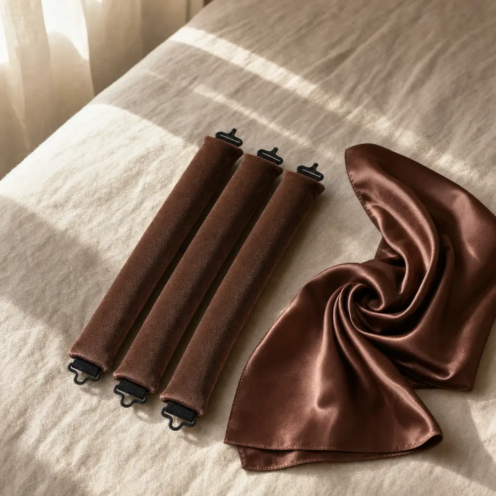 Three coffee velvet-soft curling rods with black end tabs beside a swirled coffee satin scarf on linen