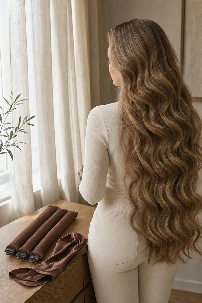 Woman seen from behind with waist-length, light-brown wavy hair by a sheer-curtained window, three coffee-brown rods and a folded satin scarf on a wooden sideboard