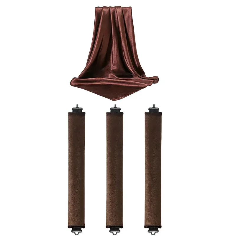Coffee satin scarf above three coffee heatless curling rods on a white background